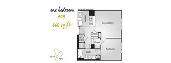 A floor plan of a one bedroom apartment that is 666 square feet.