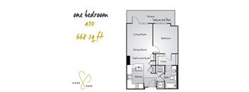 A floor plan for a one bedroom apartment at Siena Park.
