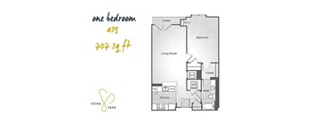 A floor plan of a one bedroom apartment at Siena Park.