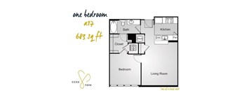 A floor plan of a one bedroom apartment sized at 683 square feet.