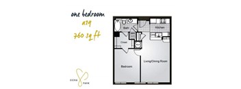 A floor plan of a one bedroom apartment at Siena Park.
