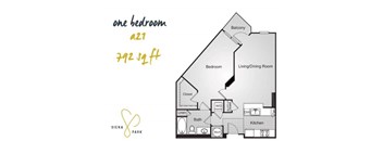 A floor plan of a one bedroom apartment with a living/dining room, kitchen, bathroom, and balcony.