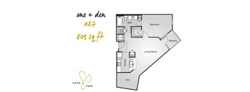 A floor plan for a one and a half bedroom apartment at Siena Park.