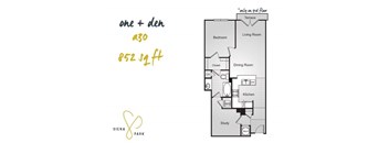 A floor plan for a one and a half bedroom apartment at Siena Park.