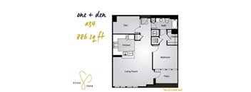 A floor plan for a one and a half bedroom apartment at Siena Park.