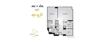 A floor plan for a one and a half bedroom apartment at Siena Park.