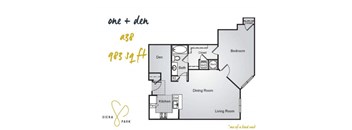 A floor plan for a one and a half bedroom apartment at Siena Park.