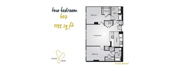 A floor plan for a two bedroom, 607 square foot apartment at Siena Park.