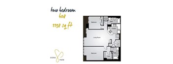A floor plan of a two bedroom, 608 square foot apartment at Siena Park.
