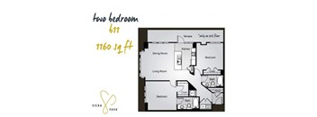 A floor plan for a two bedroom, 611 square foot apartment at Siena Park.