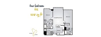 A floor plan for a two bedroom, 612 square foot apartment at Siena Park.