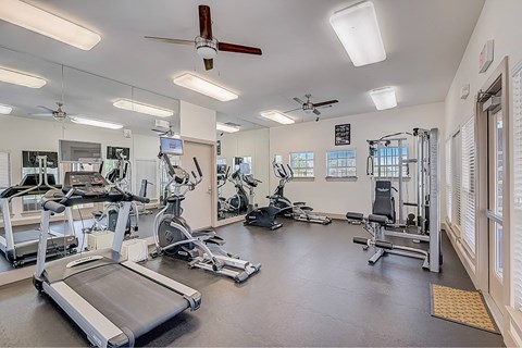 A spacious gym with a variety of equipment including treadmills, weights, and exercise machines.