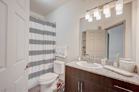 A bathroom with a toilet, sink, and striped shower curtain.