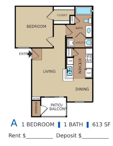 A diagram of a one bedroom apartment with 613 square feet.