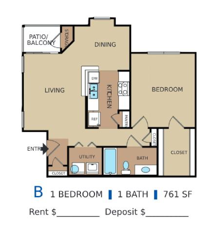 A floor plan of a one bedroom apartment with a living room, kitchen, dining room, bathroom and closet.