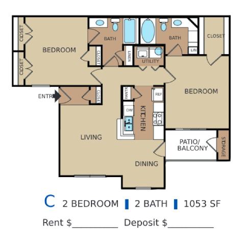 A floor plan of an apartment with two bedrooms, two bathrooms, and a living room.