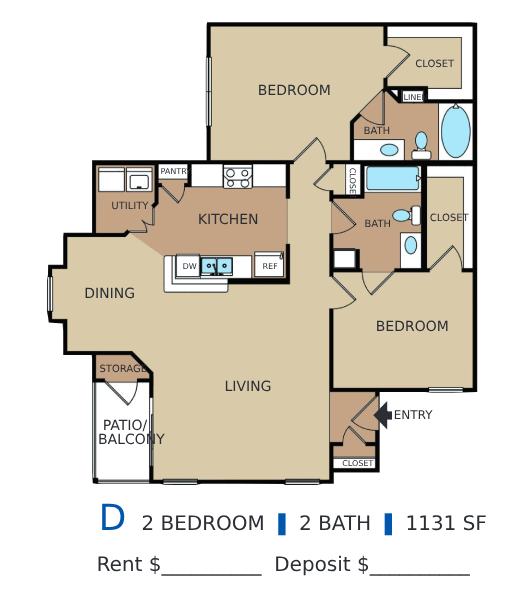 A floor plan of an apartment with two bedrooms and two bathrooms.