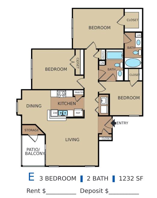 A floor plan of an apartment with 3 bedrooms and 2 bathrooms.