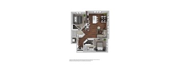 A floor plan of a two-bedroom apartment with a living room, kitchen, and bathroom.