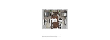 A floor plan of a two-bedroom apartment with a living room, kitchen, and bathroom.
