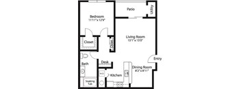 A floor plan of a small apartment with a bedroom, living room, kitchen, and bathroom.