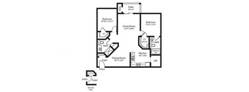 A black and white floor plan of a house with a patio, two bathrooms, a living room, a dining room, a kitchen, and two bedrooms.