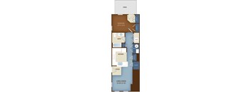 A floor plan of a house with a bedroom, bathroom, kitchen, living/dining area, and foyer.