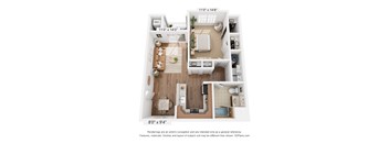 A 3D floor plan of a small apartment with a kitchen, living room, and bathroom.
