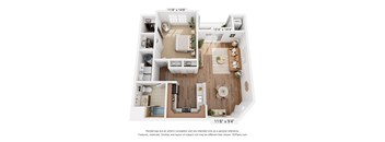 A 3D floor plan of a small apartment with a kitchen, living room, and bathroom.