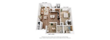 A 3D floor plan of a house with a kitchen, living room, and bathrooms.
