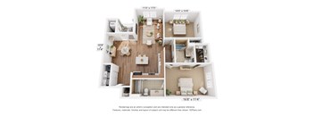 A 3D floor plan of a small apartment with a kitchen, living room, and bathroom.