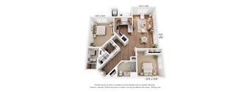 A 3D floor plan of a two-bedroom apartment with dimensions and a disclaimer.