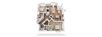 A 3D floor plan of a house with a kitchen, living room, and two bedrooms.