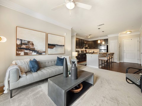 A living room with a grey sofa and a coffee table.