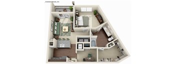 A 3D floor plan of a Cranberry Woods apartment.