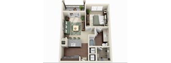 A floor plan of a small apartment with a living room, kitchen, and bathroom.