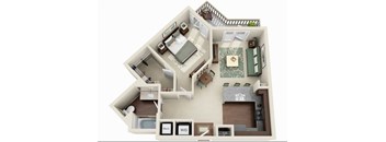 A 3D floor plan of a house showing a living room, kitchen, and two bedrooms.