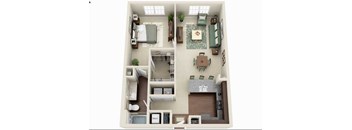 A top-down view of a house interior with a kitchen, living room, dining area, and bedrooms.