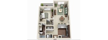 A floor plan of a house with a kitchen, living room, dining room, and bathrooms.