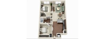 A floor plan of a two-bedroom apartment with a living room, kitchen, and bathroom.