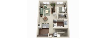 A top down view of a house layout with a living room, dining room, kitchen, and bedrooms.