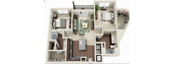 A 3D floor plan of a house with a living room, kitchen, dining room, and bedrooms.