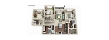 A 3D floor plan of a Cranberry Woods apartment.