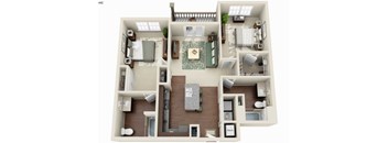 A 3D floor plan of a house with a living room, kitchen, and two bedrooms.