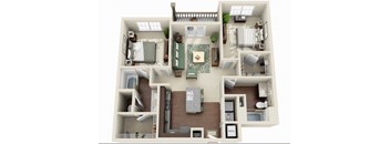 A 3D floor plan of a house with a living room, kitchen, dining room, and bedrooms.