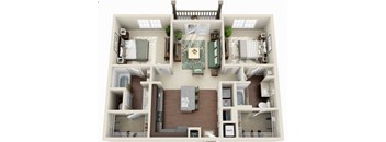 A top-down view of a two-bedroom apartment with a living room, kitchen, and bathroom.