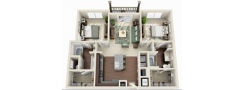 A 3D floor plan of a house with a living room, kitchen, and two bedrooms.