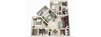 A top-down view of a house layout with a living room, kitchen, and two bedrooms.