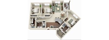 A floor plan of a house with a living room, dining room, kitchen, and two bedrooms.