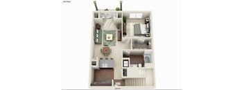 A floor plan of a one-bedroom apartment with a kitchen, living room, and bathroom.